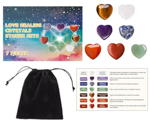 es de corazón, juego de piedras de corazón | 7 piedras de bolsillo con bolsa de terciopelo | de decoración del hogar, piedra preciosa decorativa para meditación, hogar, escritorio, vitrina