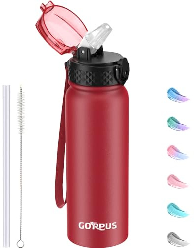 GOPPUS 600ml/20oz Stainless Water Bottle with Straw Double Wall Insulated Bottles with Strap One Hand Open Vacuum Thermal Flask Leakproof Keep Cold Bottles with Flip Top Lid BPA Free (Red)