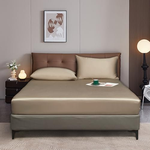 Luofanfei Spannbettlaken 160x200 Gold Khaki Boxspringbett Frottee Glänzend Sommer Kühlend Bambus Microfaser Bettlaken Uni Spannbetttücher für Hohe Matratze bis 25-30 cm