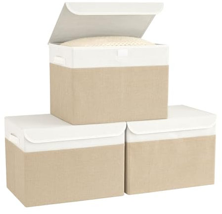 Bagnizer Storage Boxes Fabric with Lids & Handles 3PCS Collapsible Storage Basket Bins for Clothes Toy Large Foldable Storage Box for Wardrobe Bedroom Office White&Beige 42x30x30CM