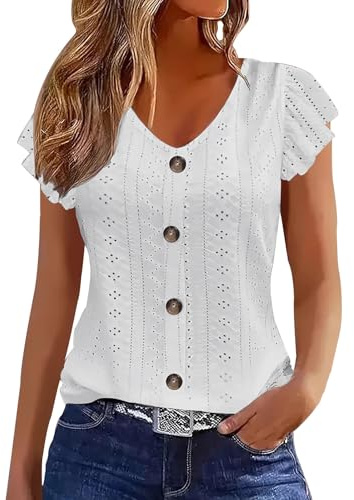 Chemisiers Et Blouses Femme Tunique Chemisier Femme Manche Courte Chic Et ÉLéGant Chemises Couleur Unie ÉTé Ample Haut Top à Revers LâChe Respirant Blouse Grande Taille Col V Button T Shirts