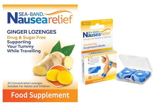 Sea-Band Travel & Motion Sickness and Nausea Relief, Sugar Free Ginger Lozenges and Kids Acupressure Wristband Bundle, (1 x Pack of Ginger Lozenges, 24 Capsules, 1 x Pair of Kids Blue)
