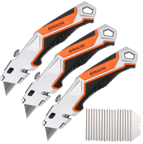 REALTEK 3x Cutter Profesional con 18 Cuchillas SK5 de 19 mm, Cutter de Seguridad Ultra Nítido, Ideal para Cortar Papel, Cartón
