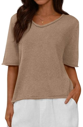 BTFBM Sweaters for Women 2026 Summer Oversized Half Short Sleeve Knitted Pullover V Neck‌ Casual Loose Fit Spring Tops(Khaki, Large)