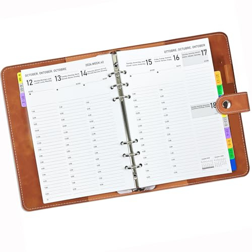 Kalender 2026 2027 Möteskalender, veckoplanerare A5 – påfyllningsbar ringboksarrangör (augusti-juli), vertikal ayout (7–20 ), med flikar, pennrem och PU-läder mjukt lock, bokkalender, planerare