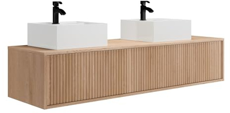Vente-unique - Mueble de baño para colgar, estriado con doble lavabo, color natural claro, 150 cm, Arnega