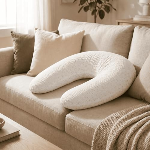 Babysom - Coussin de Maternité 3 en 1 : Grossesse, Allaitement & Repos Bébé - Housse en Double Gaze de Coton Premium - Déhoussable et Lavable - Microfibres Silencieuses - Design Élégant Blanc - XXL