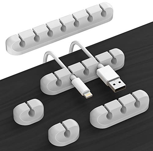 Desk Accessories for Charging Organizer - 5 Packs Grey Computer Desk Accessories and Adhesive Cord Organizer for Cable Holder Cleans Up Messy Wires at Home, Car and Office (7-5-3-1-1 Slots)