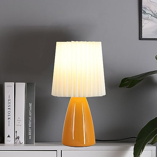 Mengjay Keramik Tischlampe Tischleuchte Nachttischlampe, Nachttisch Lichtdekoration Schreibtischleuchten, Lampenschirm aus Plissee, Fensterbank lampe Leselampe Wohnzimmer Tischlampe (Orange Style)