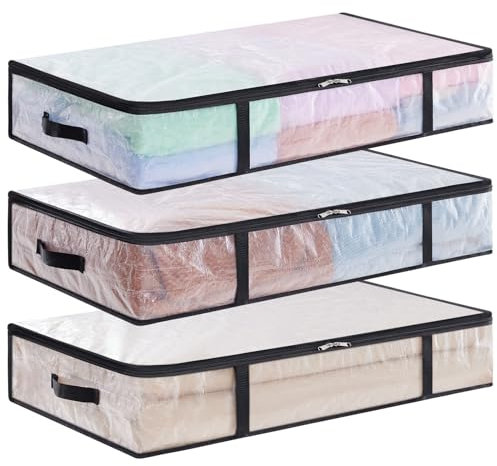 Lifewit 3 Pezzi Scatole per Vestiti Trasparente 60L, Contenitori Sottoletto Pieghevole con Manici, Scatole per Armadio en PP, Scatoloni trasloco, Organizzatore armadio per Vestiti, Coperte, Piumoni