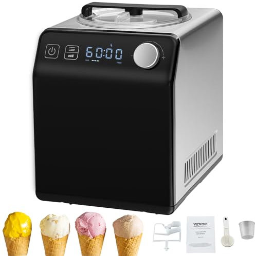 VEVOR Sorbetière Automatique Turbine à Glace Professionnelle 2 L 180 W Machine à Glace Électrique Écran LCD Préparation Rapide sans Pré-congélation pour Faire Sorbet Yaourt Crème Glacée Gelato Noir