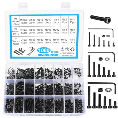 Tornillos de cabeza hueca hexagonal, 1080 piezas M2 M3 M4 Tornillo de cabeza hueca hexagonal de acero al carbono con tuercas y arandelas, kit surtido de tornillos roscados para máquina