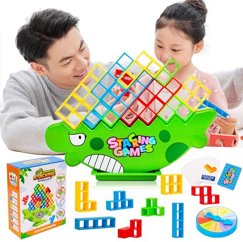 farout! Dinosaur Tetra Tower - Tisch Taktikspiel 48 Teile Tetris Tower Spiel, Schaukelstapel Balance und Stapelspiel mit Roulette für Erwachsene und Kinder, Team Spiel.