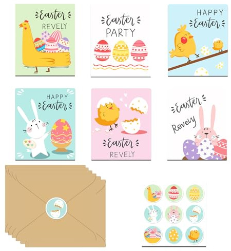 6 Piezas Tarjetas de Felicitación de Pascua Set con Sobres y Pegatinas, Tarjetas de Pascua con Conejito Huevo de Pascua, Tarjetas de Felicitación de Pascua para Niños y Niñas