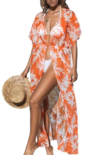 CUPSHE Strandöverdrag för kvinnor 2024 kimono baddräkt coverups cardigan självknyta klänningar, Apelsinblad, M