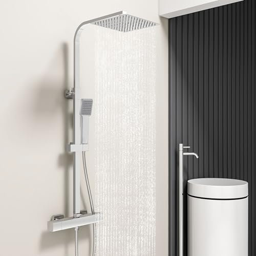 Acezanble Duschsystem mit Thermostat 38 °C, Duschsäule aus Edelstahl mit Badmischer, 1 Strahlarten Duschkopf, Quadratischer Duschkopf 25x25CM, Chrom