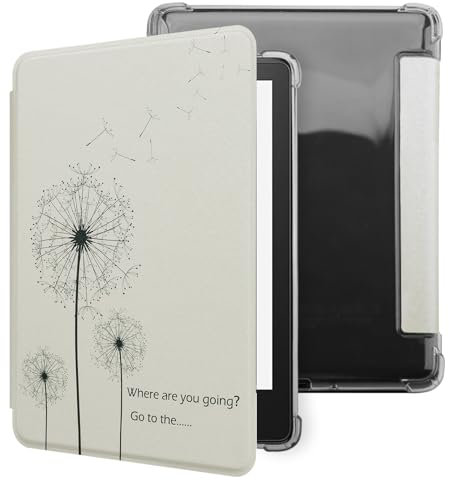 WALNEW Hülle für 6,8 Kindle Paperwhite 11. Generation 2021 & Signature Edition, Transparent Weiche Flexible TPU Rückseite Schutzhülle mit Auto Schlaf/Wach PU-Leder Smart Cover (Löwenzahn)