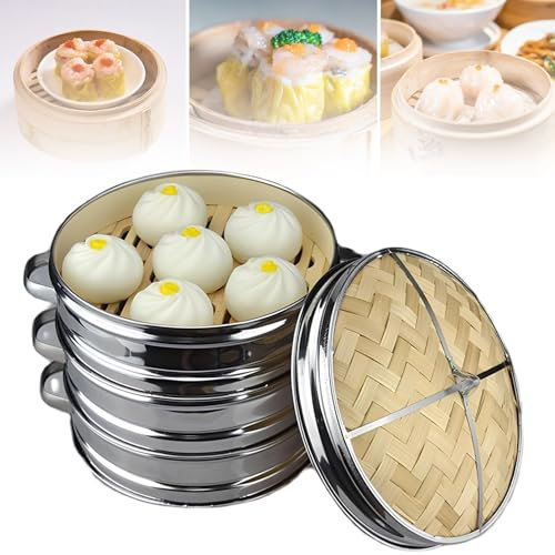 Vaporera de acero inoxidable de bambú, vaporera de 3 niveles for dim sum con tapa, canasta for cocinar al va-por bolas de masa hervida con mango binaural, diámetro exterior opcional 18/20/22/26/30 cm(