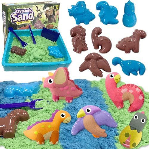VBACALA Sable Magique pour Enfants, 500g de Sablemagique avec 8 Moules Dinosaures & Bac à-Sable, Jouet Sensoriel Cadeaux de Noël pour Garçons Filles Enfant 3 Ans