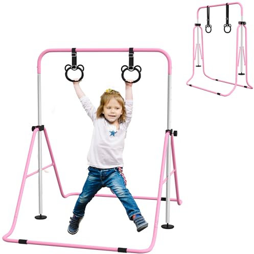 HOMCOM Kinder Gymnastik Turnreck 5-stufige höhenverstellbar Reckstange Reckanlage mit Gymnastikringen für Indoor bis 50 kg belastbar Stahl Rosa
