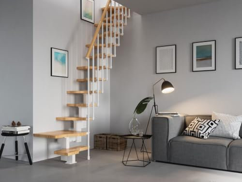 Italian Indoor Space-Saving Staircase, Beech Wood Alternate Steps Handrail, Steel Central Stringer, Straight 11-Step Kit, L-Shape/U-Shape Winding Optional Pls Get a Shipping Quote from us Before Order