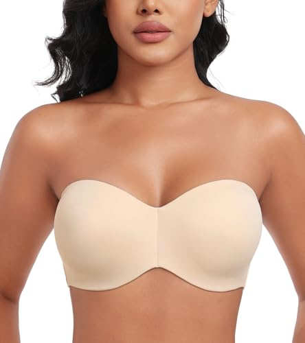 Lemorosy Women's Seamless Strapless Bra Non Padded Anti-Slip Plus Size Bandeau Underwire(Beige,32E)