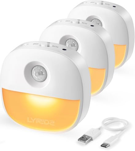 Lyridz Nachtlicht mit Bewegungsmelder, 3 Stück Aufladbar Treppenbeleuchtung mit 3 Modi (AUTO/ON/OFF), Dimmbar Led Nachtlicht Akku Bernstein für Treppe, Schlafzimmer, Schrank, Flur, Badezimmer, Kinder