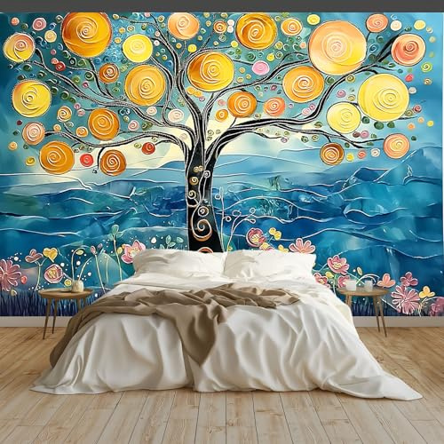 Papel Tapiz Fotográfico Papel Tapiz Pintura Al Óleo Árbol Estilo Art Mural 300x210 cm Cafe Restaurant Dormitorio Decoración para el Hoga Murales Papel Pintado a Papel Fotomural, Azul
