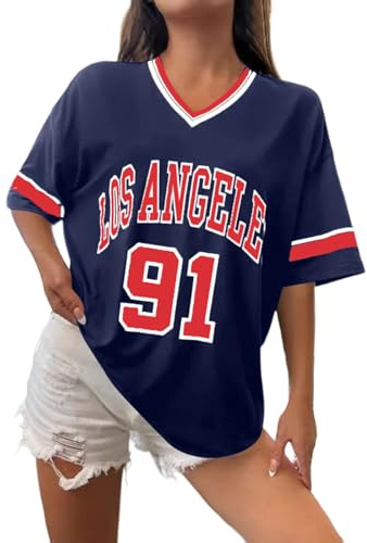 Los Angeles T-shirt de baseball surdimensionné Y2k pour femme - Avec bordure graphique à rayures - Chemise de loisirs - Col en V - Streetwear - Rayé - Graphique - T-shirt décontracté - T-shirt d'été