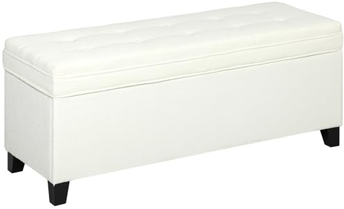 HOMCOM Panca portaoggetti 112L Panca da letto Cassapanca portaoggetti con seduta imbottita, tessuto di lino per soggiorno, camera da letto, ingresso, 120 x 40 x 48 cm, crema