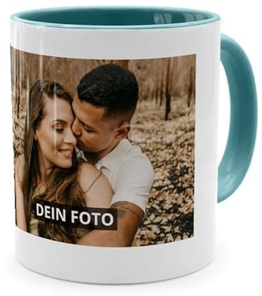 PhotoFancy® - Fototasse 'Innenfarbe' - Personalisierte Tasse mit Foto und farbiger Innenseite bedrucken lassen - Zweifarbtasse als Geschenk für Familie und Freunde gestalten (Türkis)