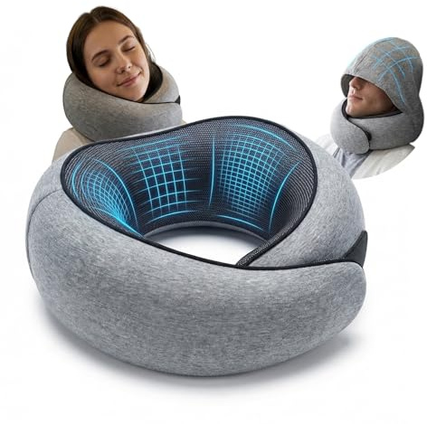 Cilnos Almohada de Viaje Avión con Capucha Antiluz, Almohada Viaje de Memory Foam con Soporte Ergonómico 360°, Cojín Cuello Viaje Compacto para Avión, Coche y Casa, Adultos y Niños (Gris Claro)