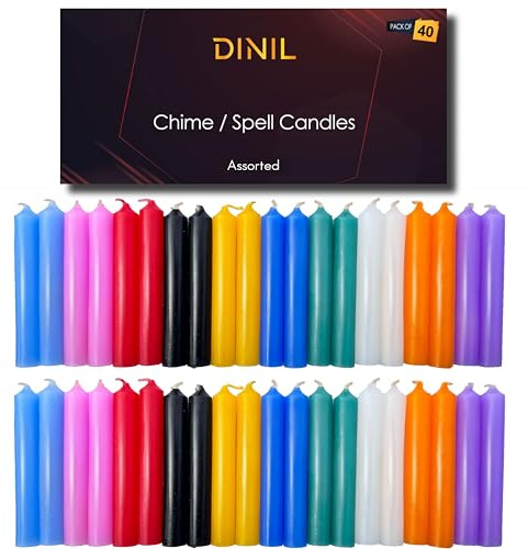 Dinil Bougies de sort et carillon (40 couleurs assorties) – 10,2 x 1,2 cm Mini bougies coniques de qualité supérieure pour rituels, anniversaires, autel, sorts, bougies carillon (assorties)