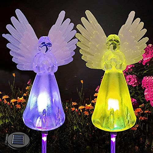 ZVO Luces Solares LED Jardín Exterior, 2 Piezas Luz de Estaca de Ángel Hadas Solares al Aire Libre, Lámpara Decoración con 7 cambio de color, Adornos para Tumba Patio/Césped/Caminos/Regalo Navidad