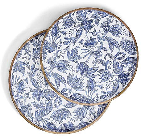 Two's Company Blue Batik Set of 2 Hand-Crafted Wood Round Trays