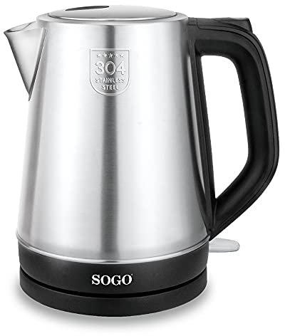 SOGO Hervidor agua electrico inalámbrico 1.7L 2200W acero inoxidable - Calentador de agua electrico rápido y seguro - Hervidor de agua con apagado automático - Tetera electrica sin BPA ideal