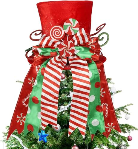 LATERN Puntale per Albero di Natale, 30CM Grande Rosso Cappello a Cilindro Con Fiocco a Righe e Lecca-Lecca per Casa Vacanza Inverno Arredamento Desktop Decorazione