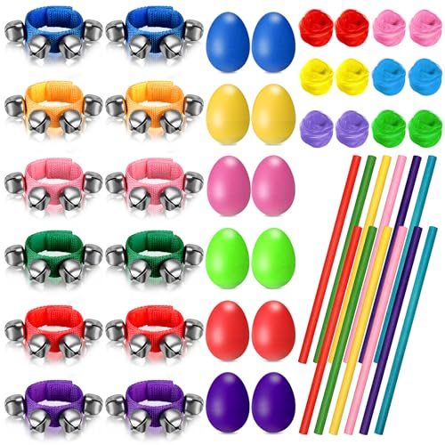 Gemscream 48 instrumentos musicales agitadores, 12 coctelera de huevos, 12 muñequeras ajustables, cascabeles 12 bufandas de baile y 12 palos de ritmo para aprendizaje de música, actividades en el