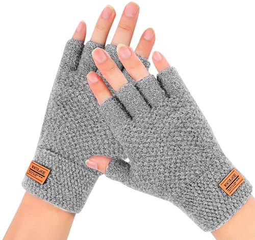 Yuqilin Handschuhe Fingerlos, Winter Warme Handschuhe Strickhandschuhe Damen Outdoor Herren, für Männer Frauen Outdoor Camping Wandern Laufen Radfahren Fahren (Hellgrau)