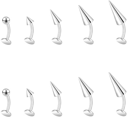 ZS 18G Devil Curved Barbell Lip Ring, Stainless Steel 6/8/10/12mm Long Bar Belly Button Ring, Flat Back Tiger Teeth Vertical Labret Lip Rook Navel Piercing Jewelry (Silver,L:8mm)