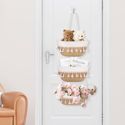 FIGARGE 3-Etagen Aufbewahrungskorb aus Baumwolle-Leinen,Doppelfarbener Wandkorb mit Fransen für Wohnzimmer/Schlafzimmer/Badezimmer,Hochwertiger Boho-Stil Home Decor & Organizer
