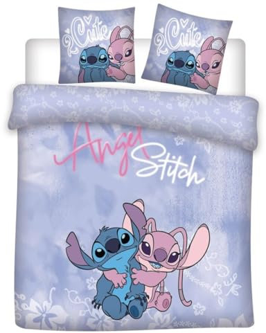 Juego de cama doble Angel & Stitch para 2 personas, funda nórdica reversible de 240 x 220 cm y 2 fundas de almohada de 65 x 65 cm, polialgodón