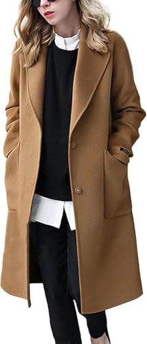 Abrigo Largo de Lana con un Solo Pecho Informal de Invierno para Mujer, Chaqueta de otoño, cárdigan Elegante, Abrigo Formal de Lana para Oficina de Negocios (Camello,L)