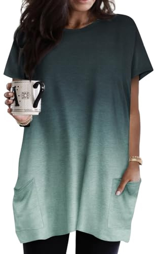 RITERA Womens Plus Size Long Tunic Tops Summer Casual Loose Tshirts Gradient Green Short Sleeve Shirts with Pockets 3XL 22W 24W