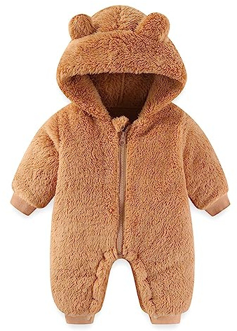 Fairy Baby Baby Snowsuit, Newborn Baby Bear Hooded Footed Romper Baby Cute Jumpsuit Fleece Snowsuit Cartoon Flannel Zipper Jumpsuit Fall Winter Outfits Brown 73CM