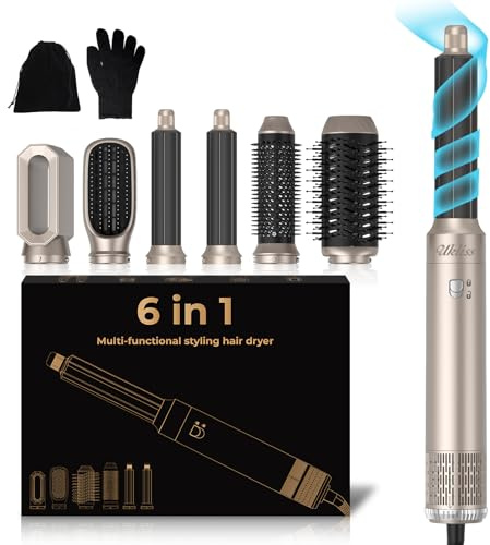 UKLISS Pro Airstyler 6 in 1 - Spazzola Asciugacapelli con 1000 W Asciugacapelli, Spazzola Soffiante, Airflow Ricci per Capelli, Spazzola ad Aria Calda, Spazzola Lisciante (Argento Oro)