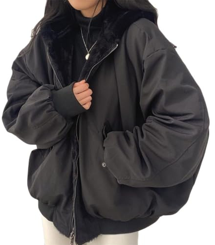 Generisk damvinterjacka på båda sidor parkas varm vinter vändbar jacka kort kappa varm fleece fodrad dubbelsidig vinterkappa vändjacka dam, svart, XL