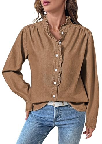 Sidefeel Womens Denim Blouses Button Down V Neck Ruffled Casual Long Sleeve Chambray Jean Western Shirt Brown Small