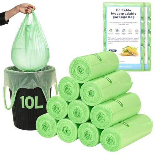 YOMKILU 200 Pezzi Sacchetti Umido Biodegradabili 10L, 10 Rollen 45x60cm Sacchetti Spazzatura con Manico, 2.6 Gal Buste Immondizia per Cucina, Ufficio, Soggiorno, Bagno, Verde
