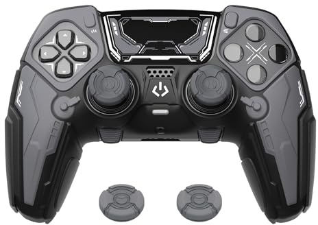 PlayVital Hülle für PS5 Edge Controller, Anti-Rutsch Schutzhülle für PS5 Edge, Ladestation Kompatibel, Dünner Paddel-Bereich, inkl. Grip Kappen&Sticker, stoßfest-Stellar Mecha,Schwarz & Grau